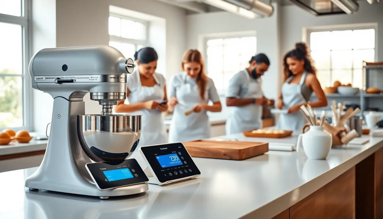 modern kitchen with advanced baking tools and professional bakers.