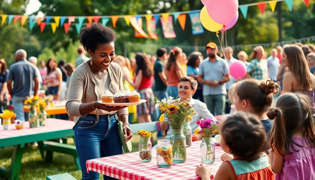 a lively outdoor community gathering with homemade decorations and joyful guests.