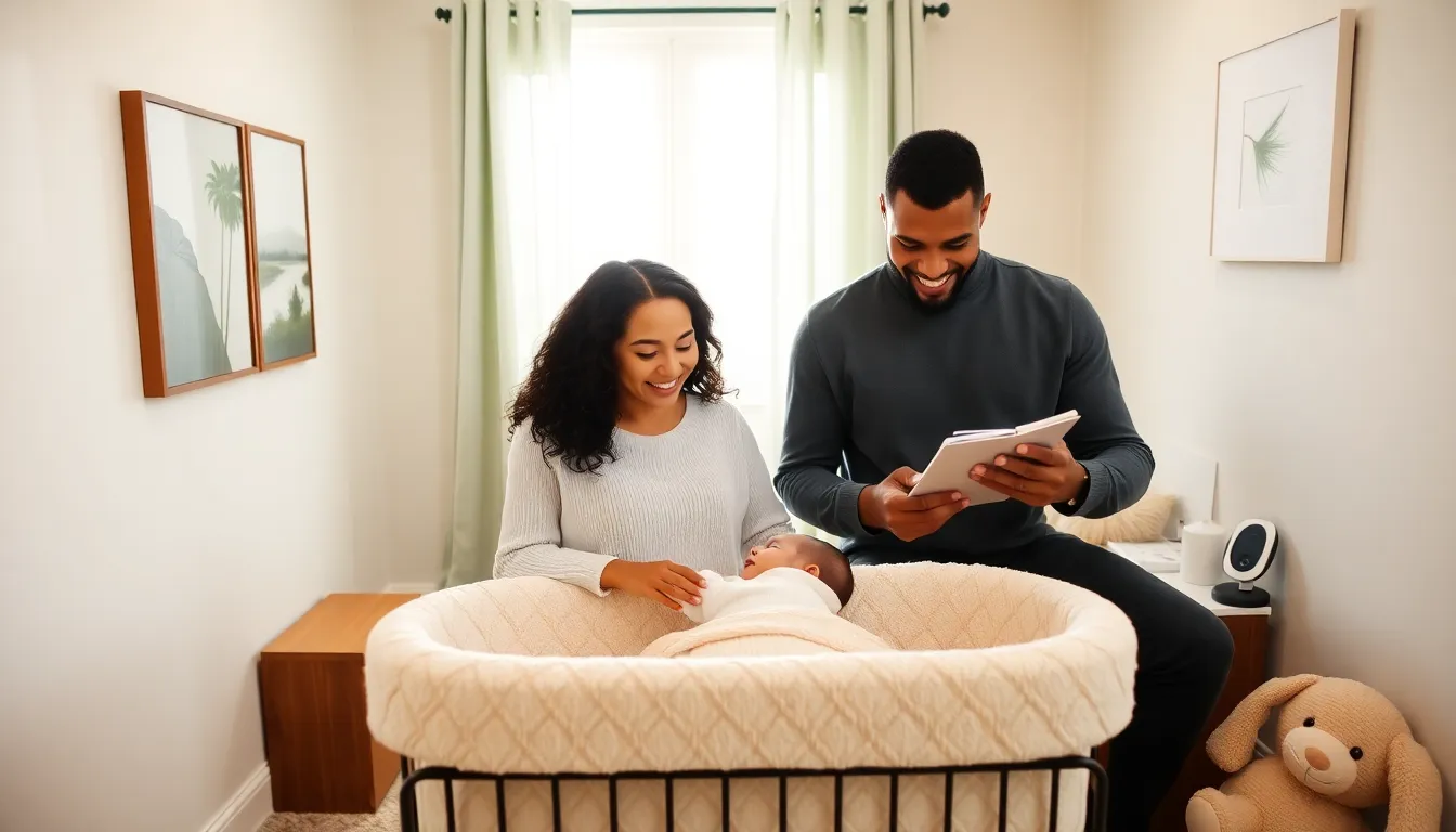 diverse parents in a cozy nursery with a sleeping newborn in a bassinet.