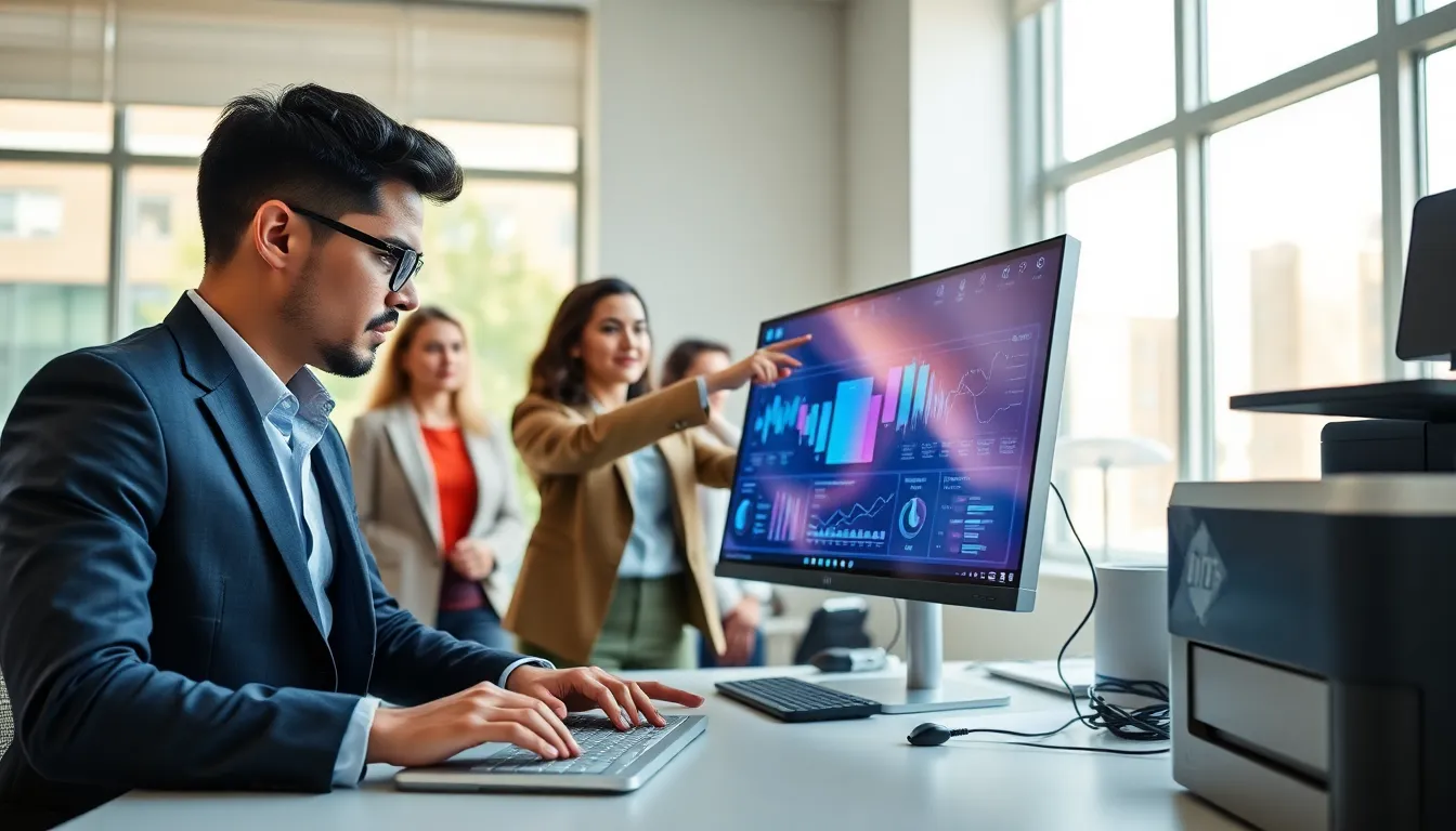 professionals using different hardware devices in a modern office setting.
