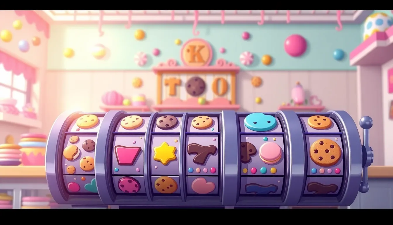 colorful cookie-themed slot machine reels with a bakery backdrop.