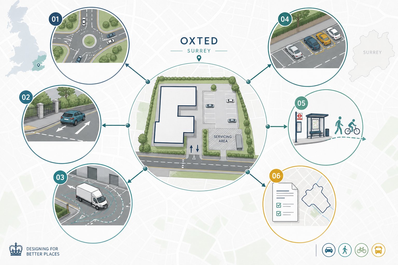 Infographic showing how local highway factors influence development design in Oxted.