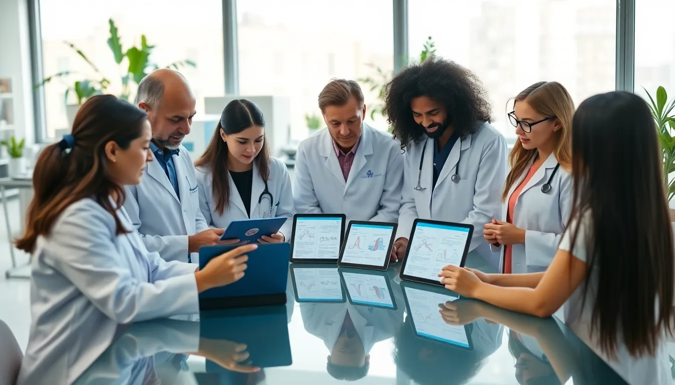 diverse healthcare team discussing gastrointestinal disease research in a lab.