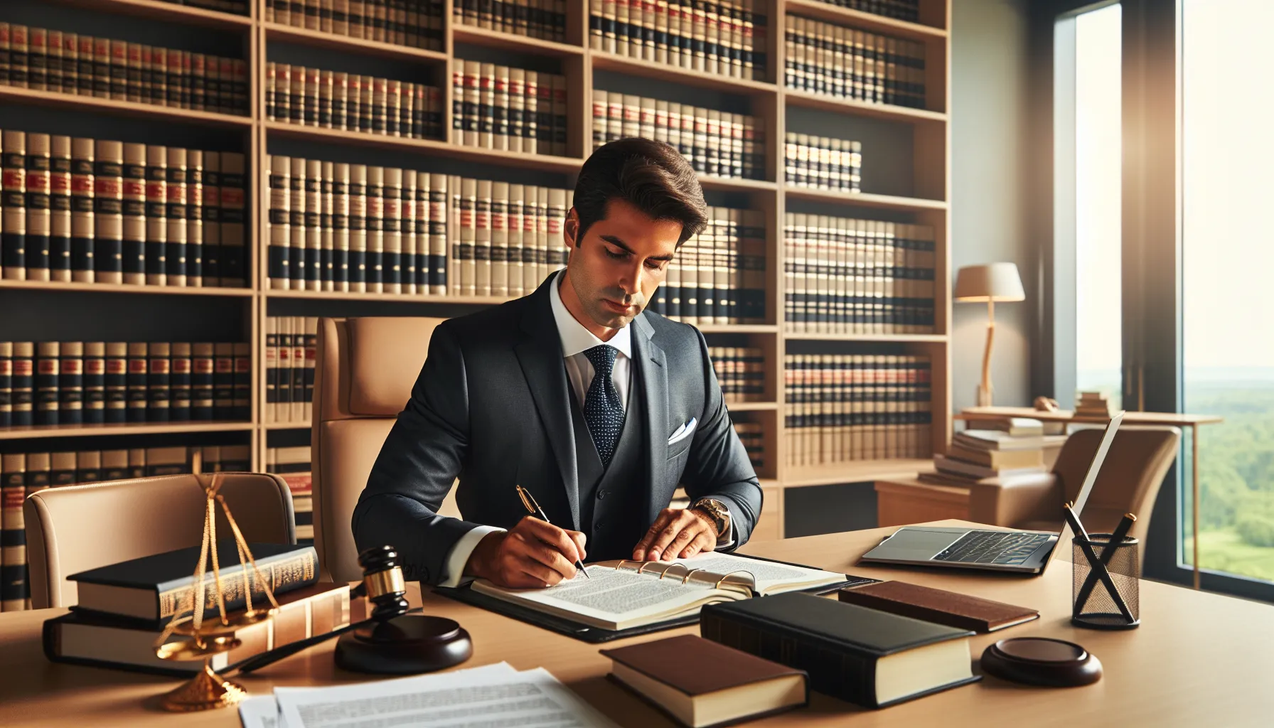 Croatian lawyer writing legal documents at professional office desk