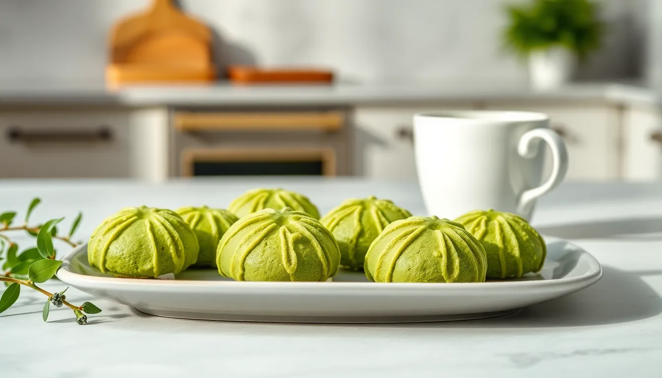 green mochi cookies on a modern dessert plate.