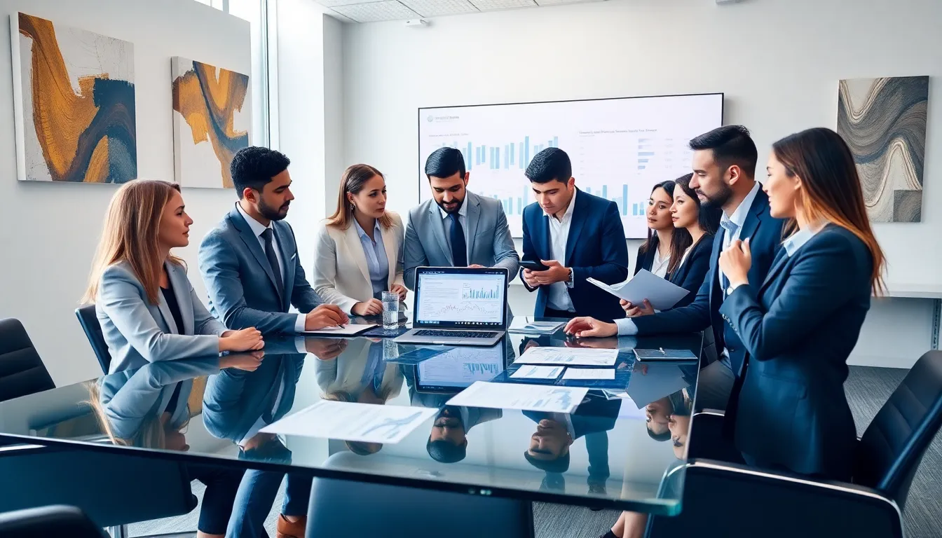 investment professionals collaborating in a modern office setting.