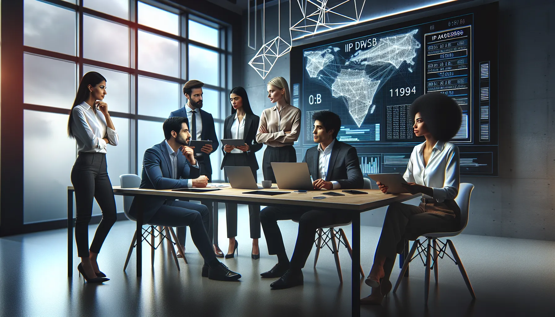 diverse IT team discussing IP address structure in a modern office.