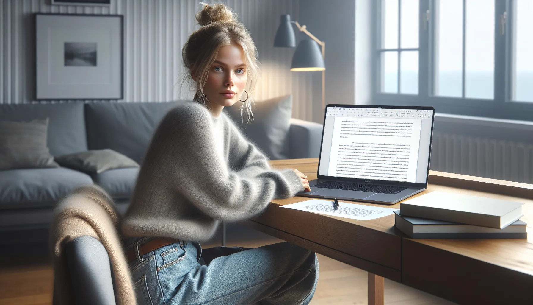 Norwegian writer at laptop carefully quoting and paraphrasing text with clear sources.