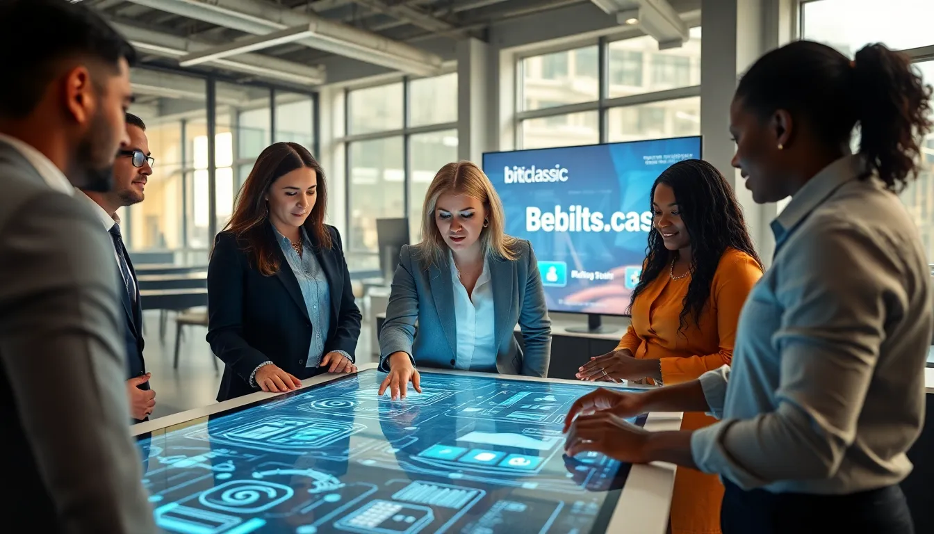 diverse team collaborating in a modern office on software solutions.