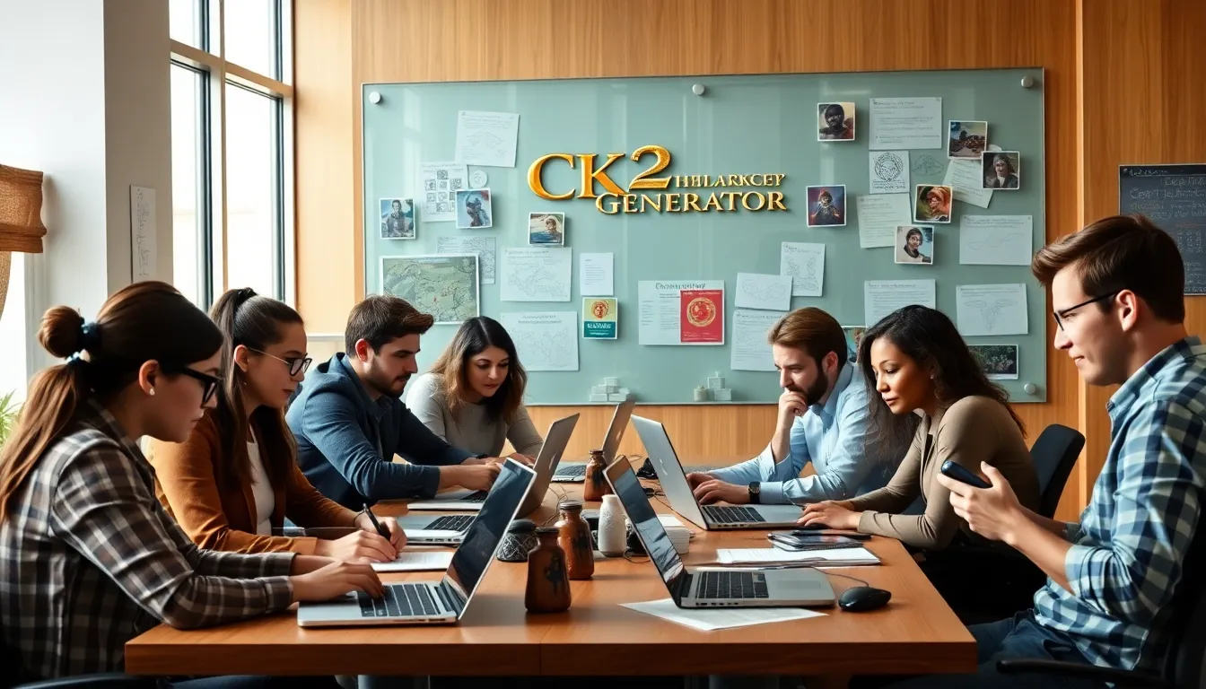 diverse group of gamers collaborating on CK2Generator strategies.