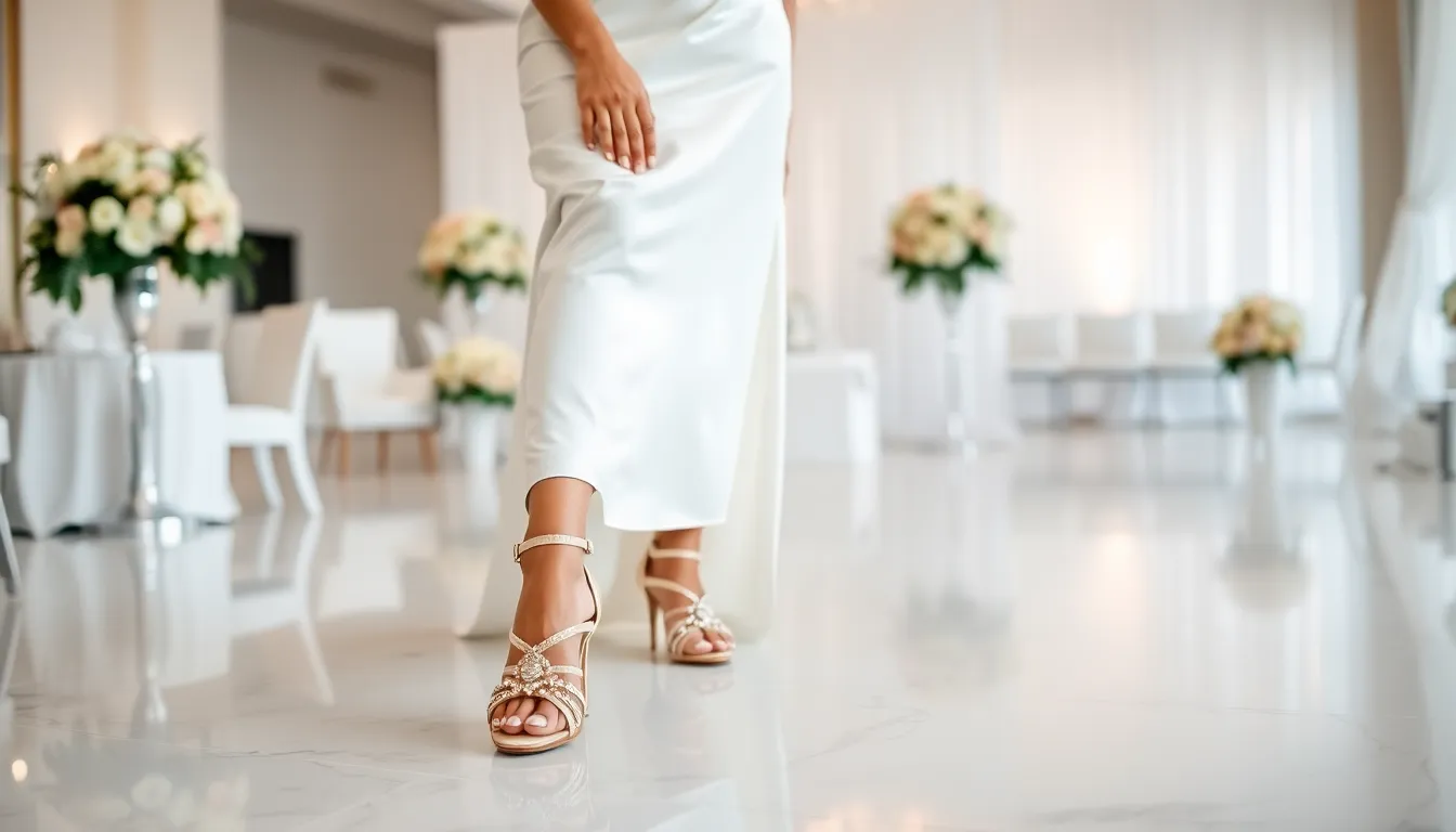 Bride showcasing stylish Steve Madden wedding shoes in a modern venue.