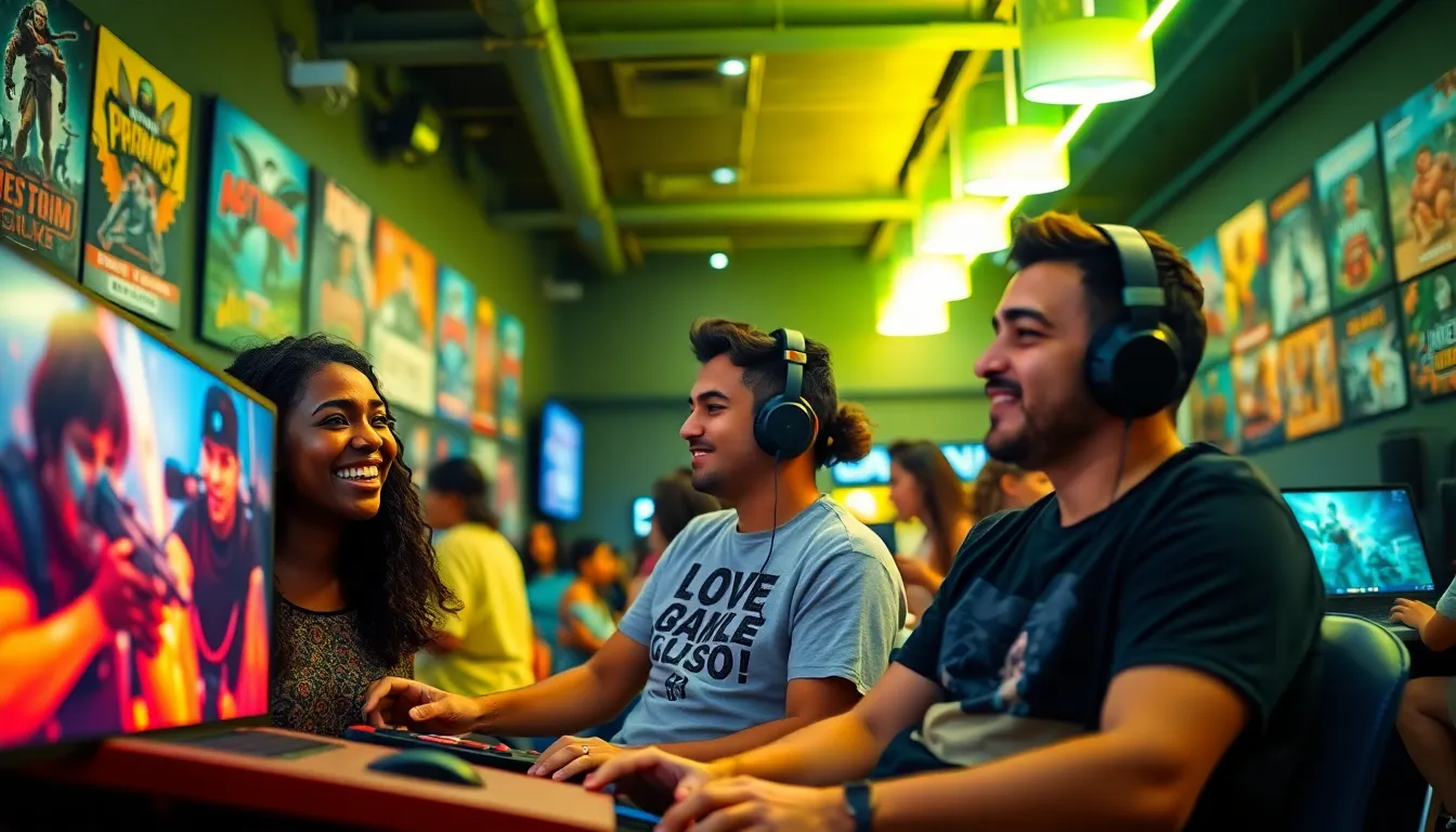 gamers engaged in diverse gaming activities in a modern gaming lounge.