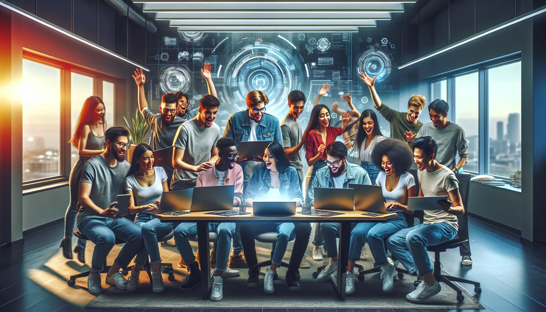 diverse group playing Hiezcoinx2.x9 in a modern office setting.