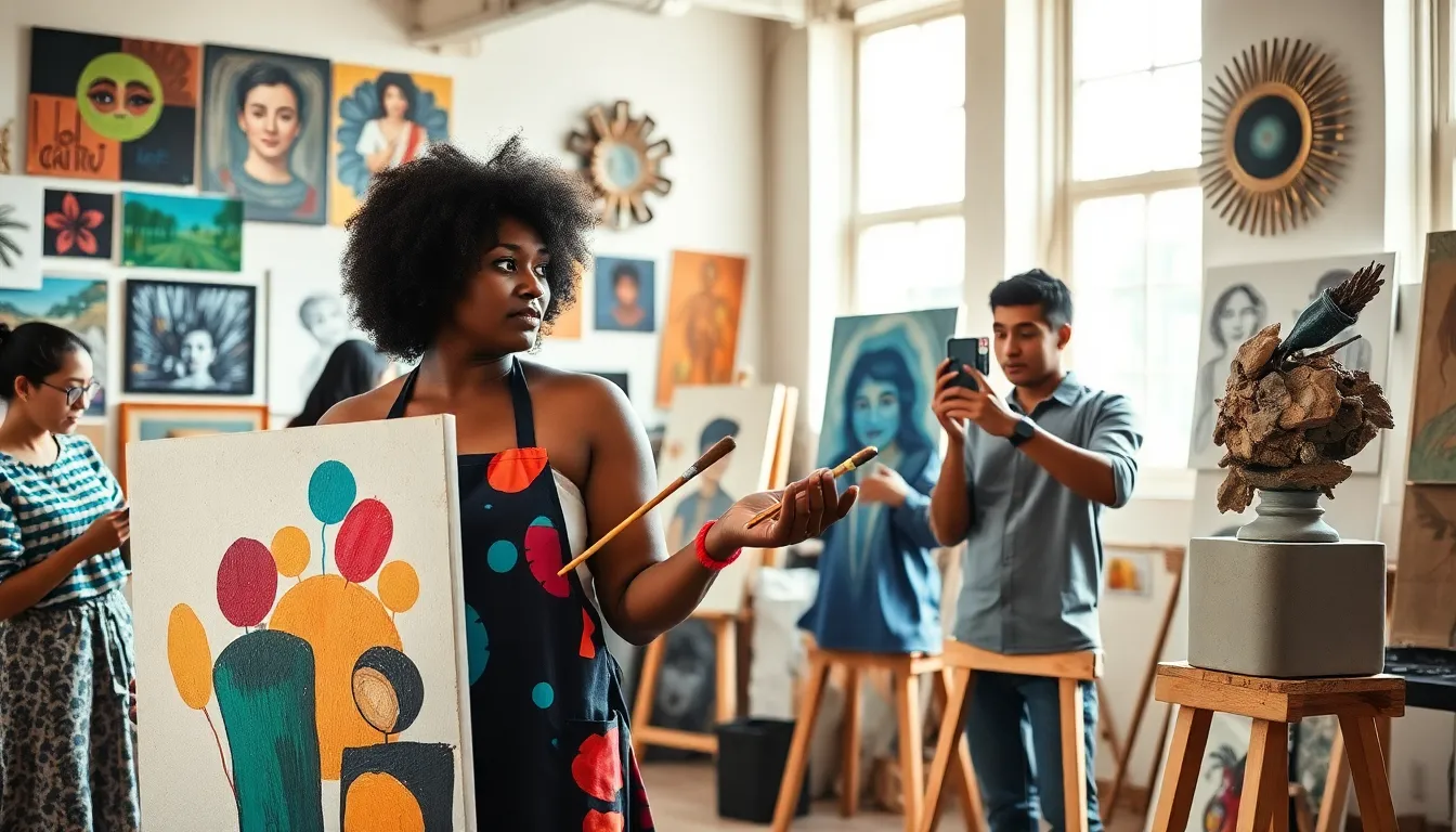 a diverse group of artists collaborating in a bright, creative studio.