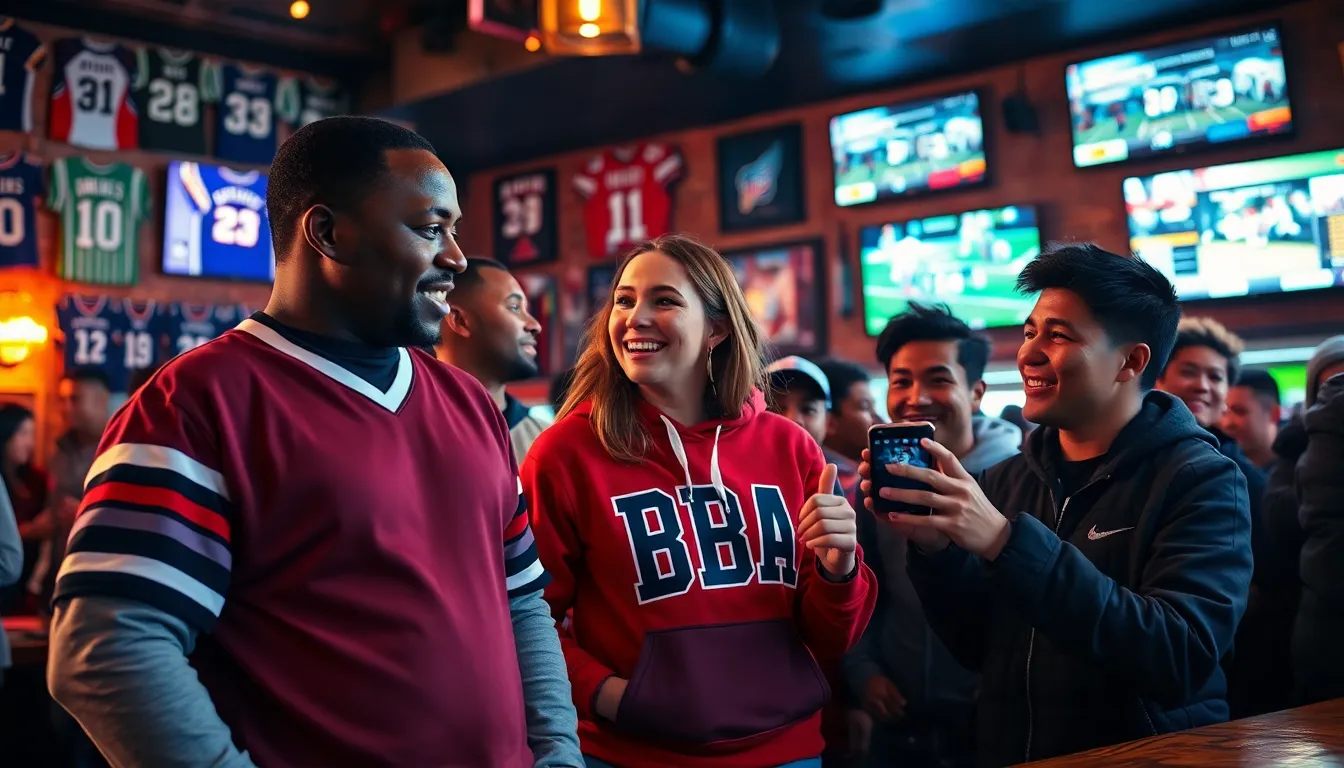A group of sports fans discussing updates in a lively sports bar.