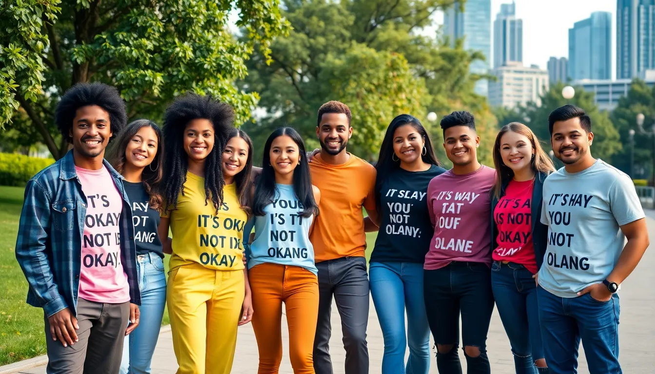 diverse group wearing mental health awareness clothing in a park.