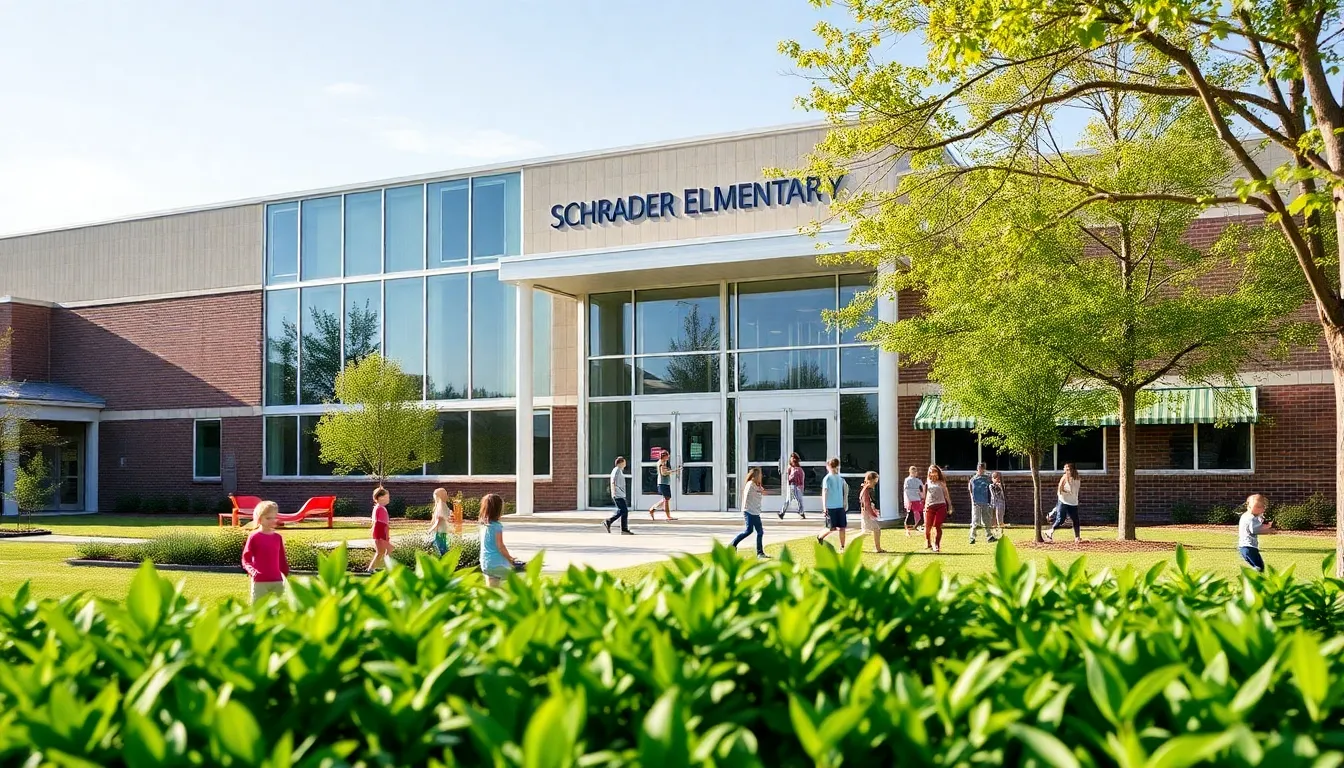 modern view of Schrader Elementary School with children playing outside.