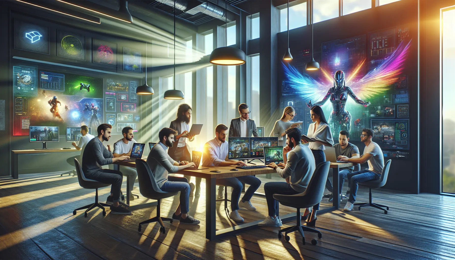 diverse team collaborating on gaming strategies in a modern workspace.