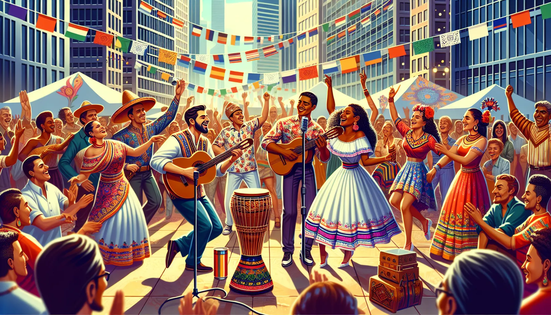 diverse group celebrating Mihavarela with dance and music in an outdoor setting.