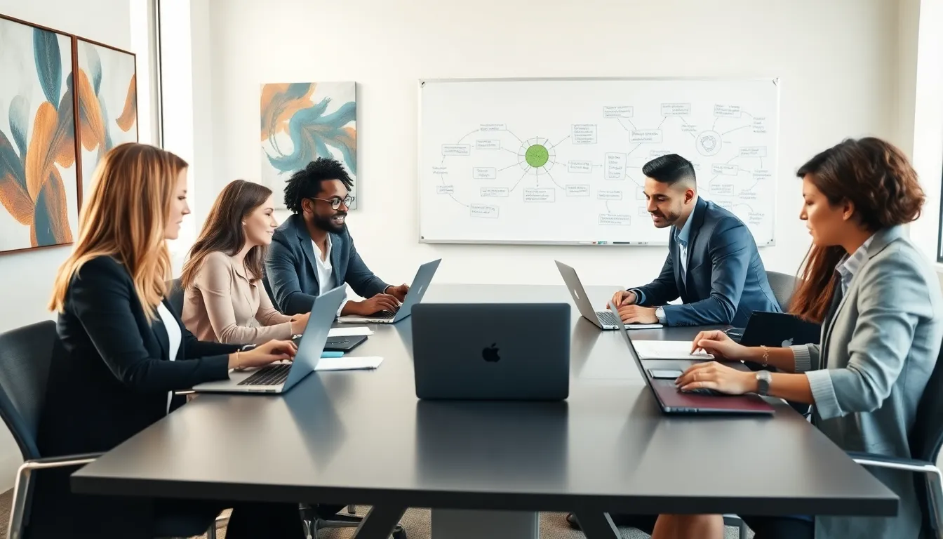 diverse team brainstorming in a modern office setting.