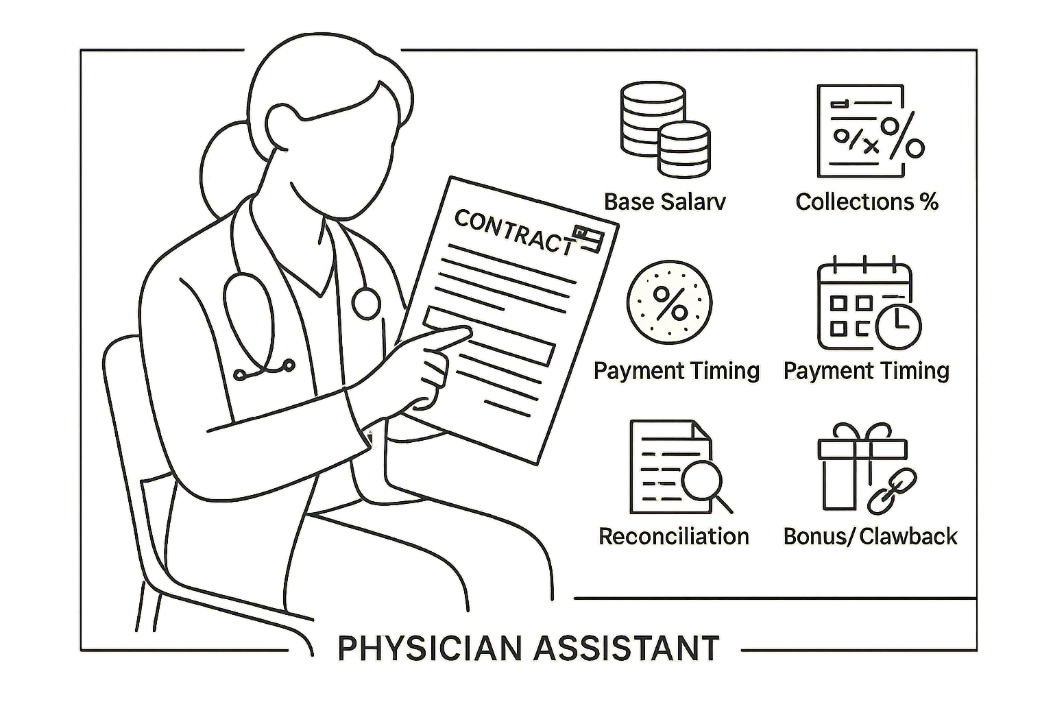 Physician assistant reviewing a contract with compensation icons around them.