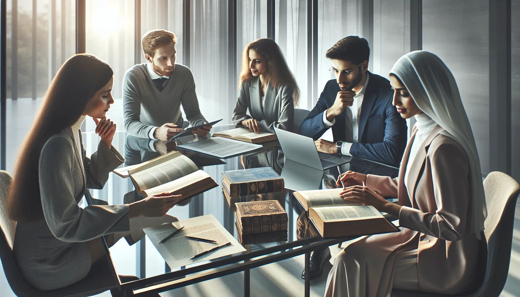 diverse professionals discussing cultural narratives in a modern office.