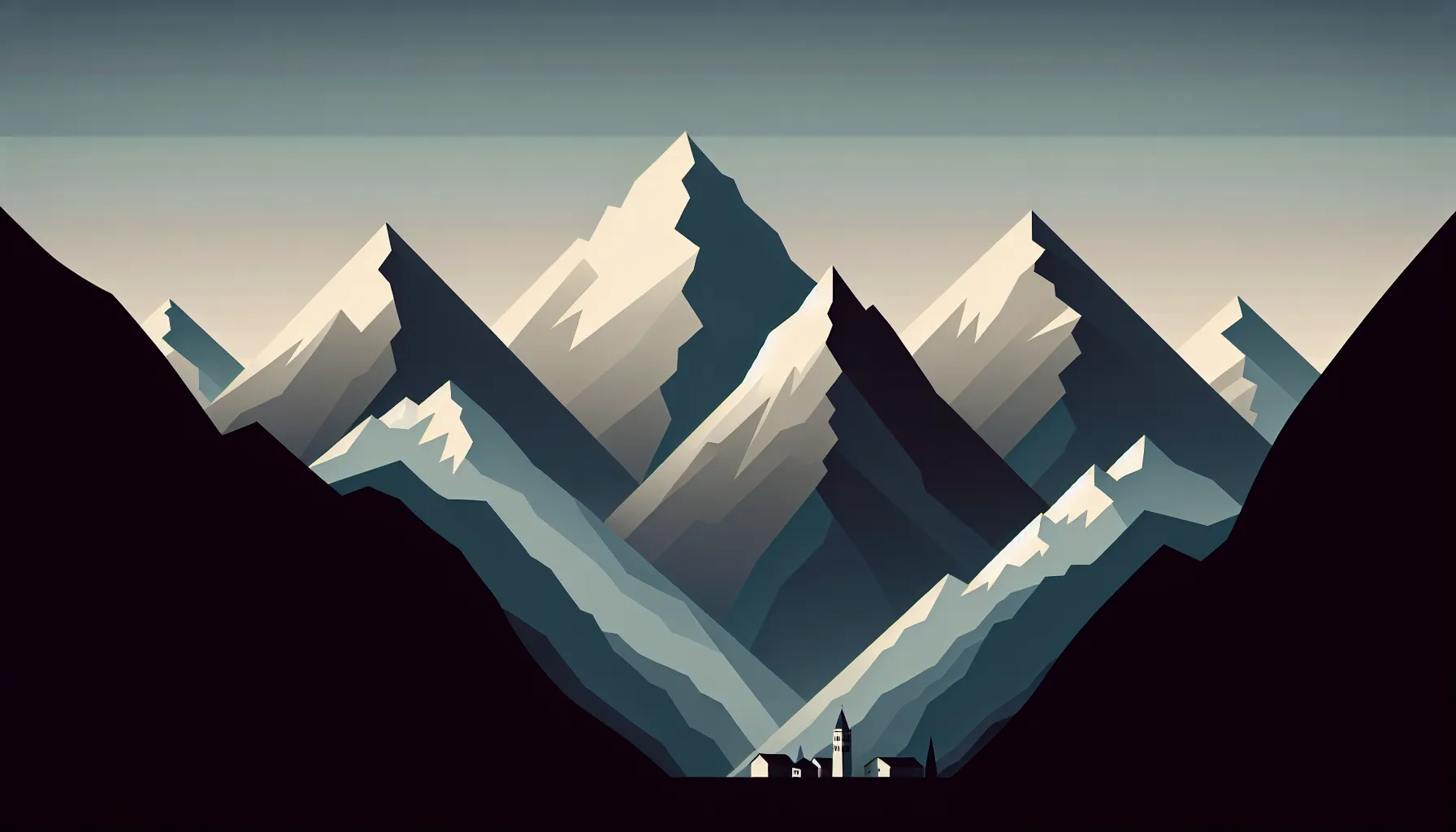 Minimalist Montenegrin mountain peaks with a small village nestled below