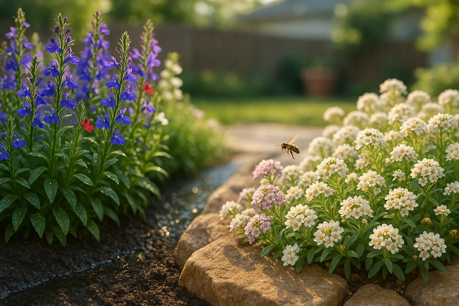Blue Lobelia spikes beside low, fragrant white and pink Alyssum carpet.