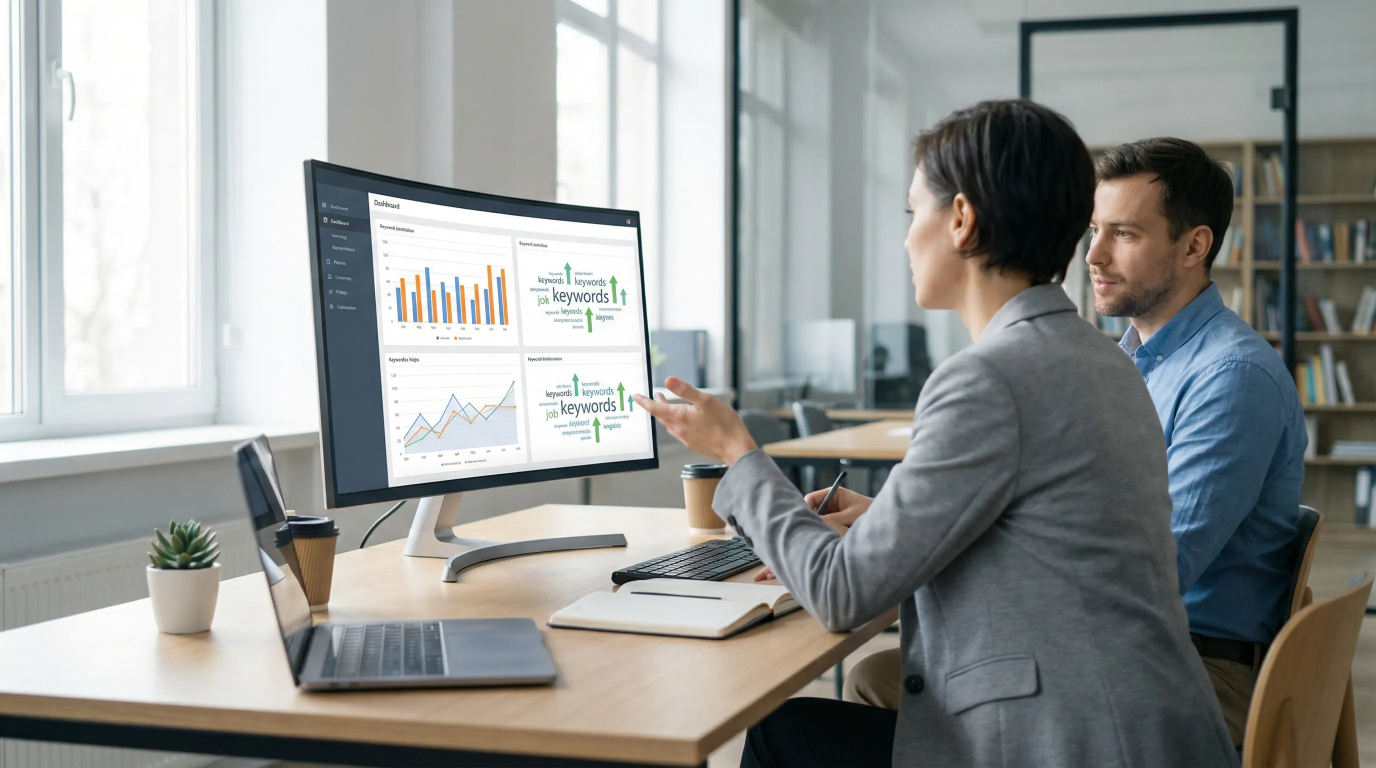 Professional SEO specialists in a modern office reviewing analytics and keyword performance on a large monitor, lit by soft natural daylight.