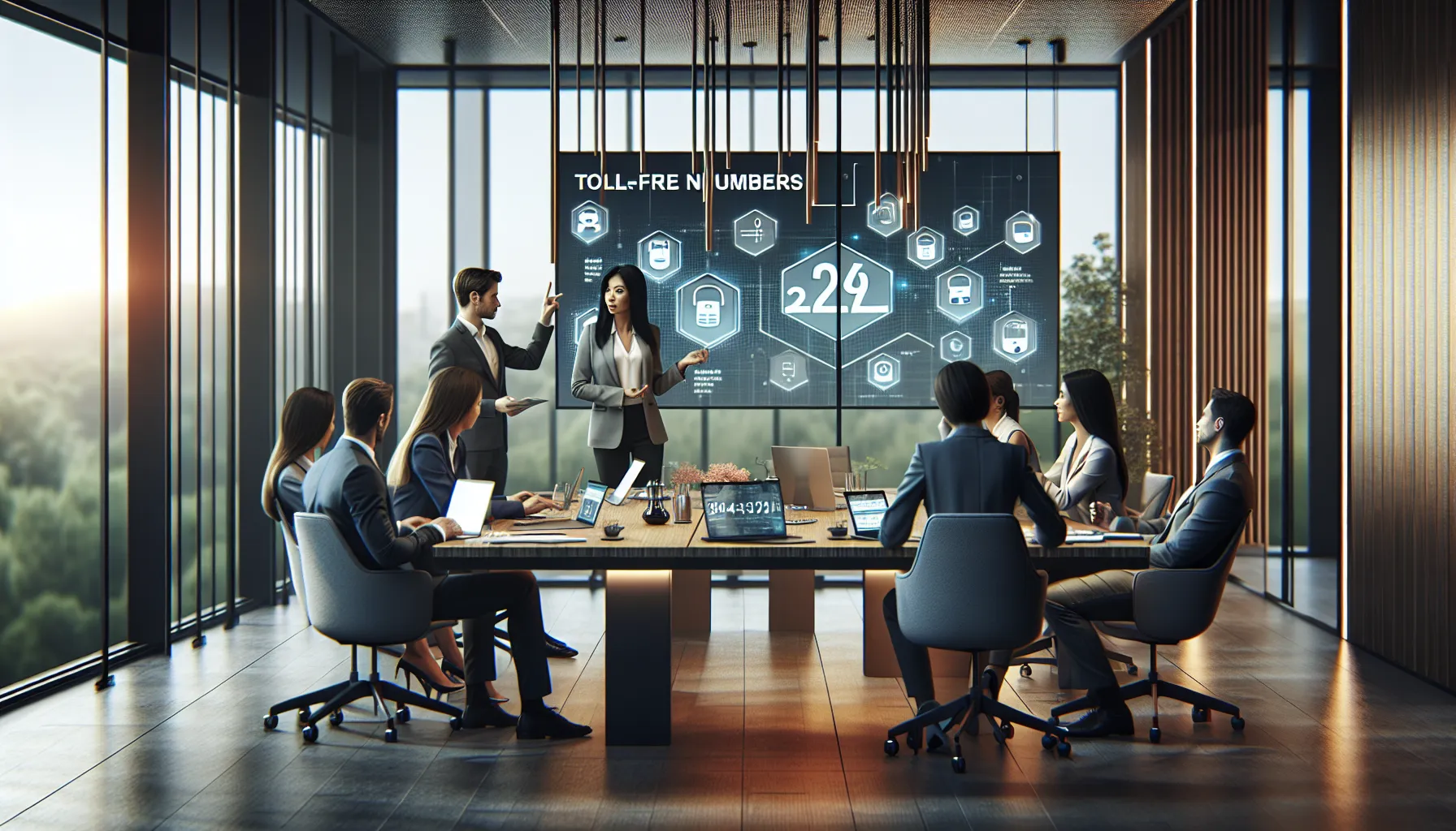 diverse professionals discussing toll-free numbers in a modern office.