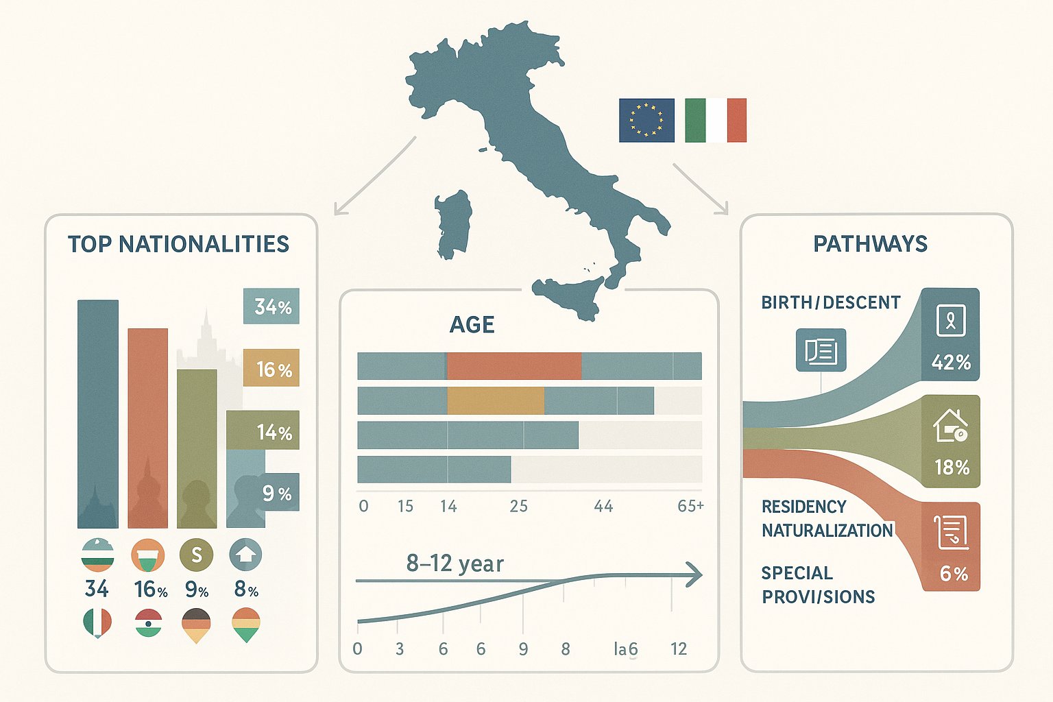Infografica che combina mappa d'Italia, barre delle nazionalità, piramide delle età e flusso dei percorsi di cittadinanza.