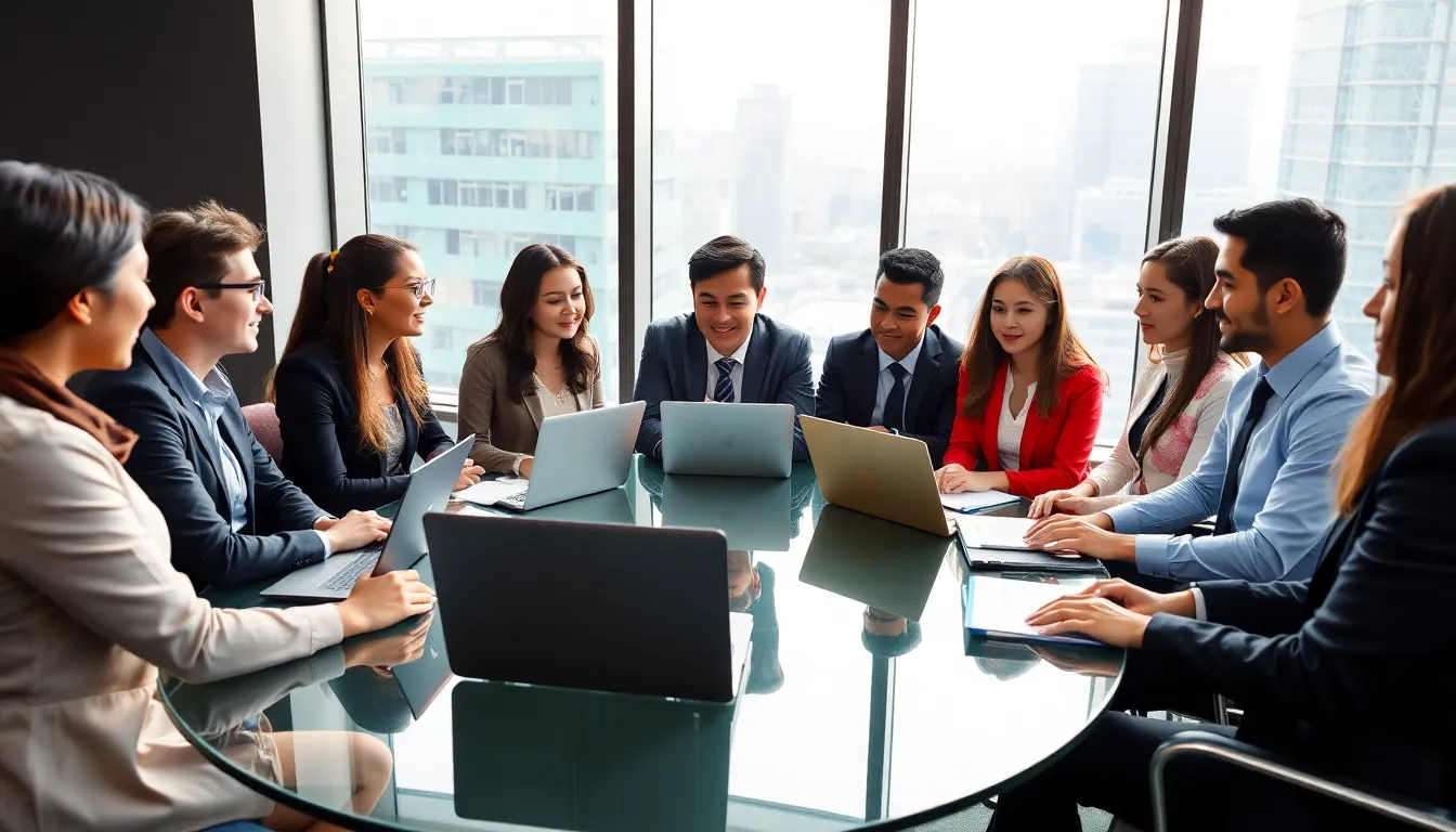 diverse students collaborating in a modern office setting.