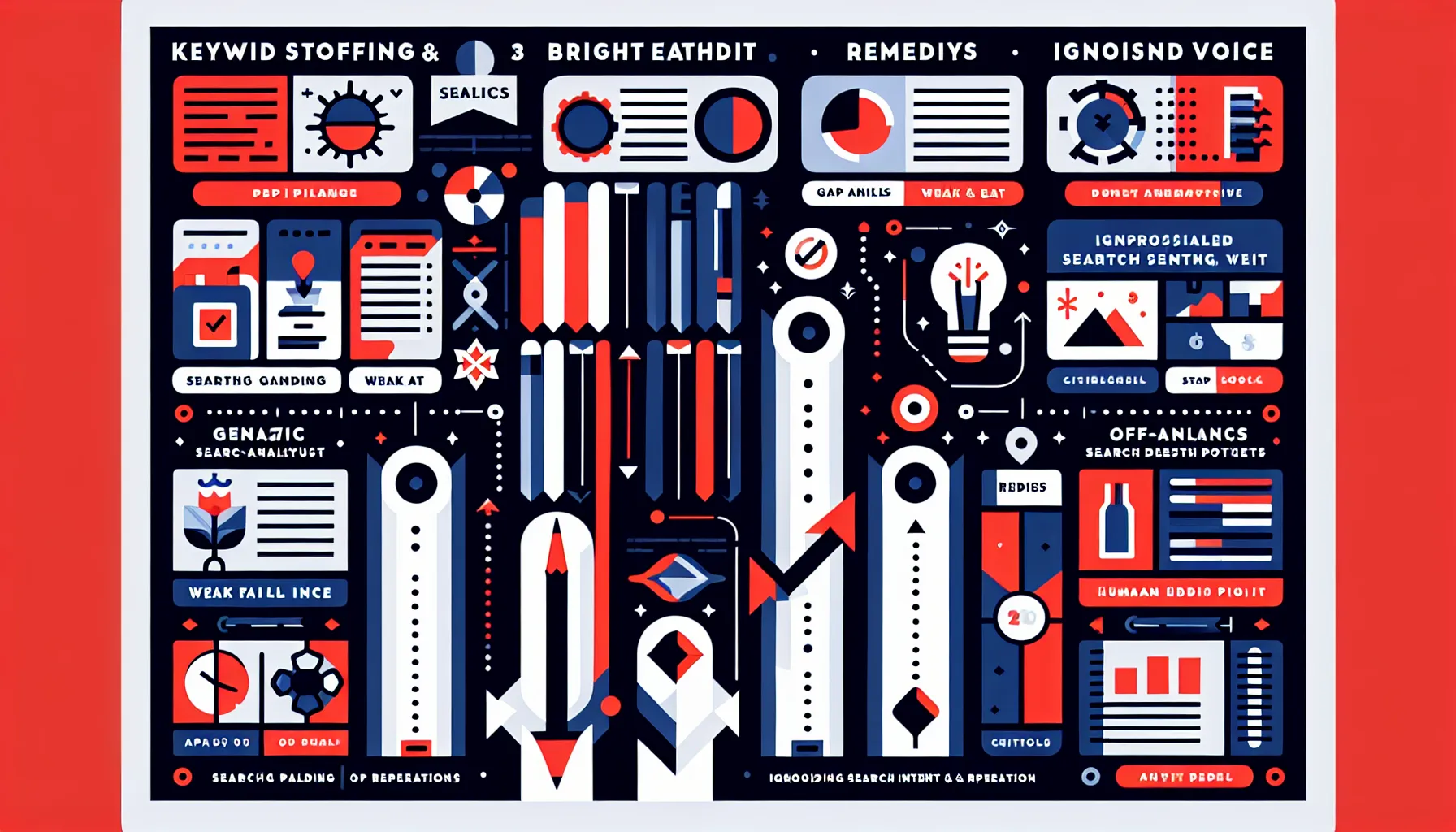 Two-column UK-themed chart showing content pitfalls and optimizer-driven fixes.