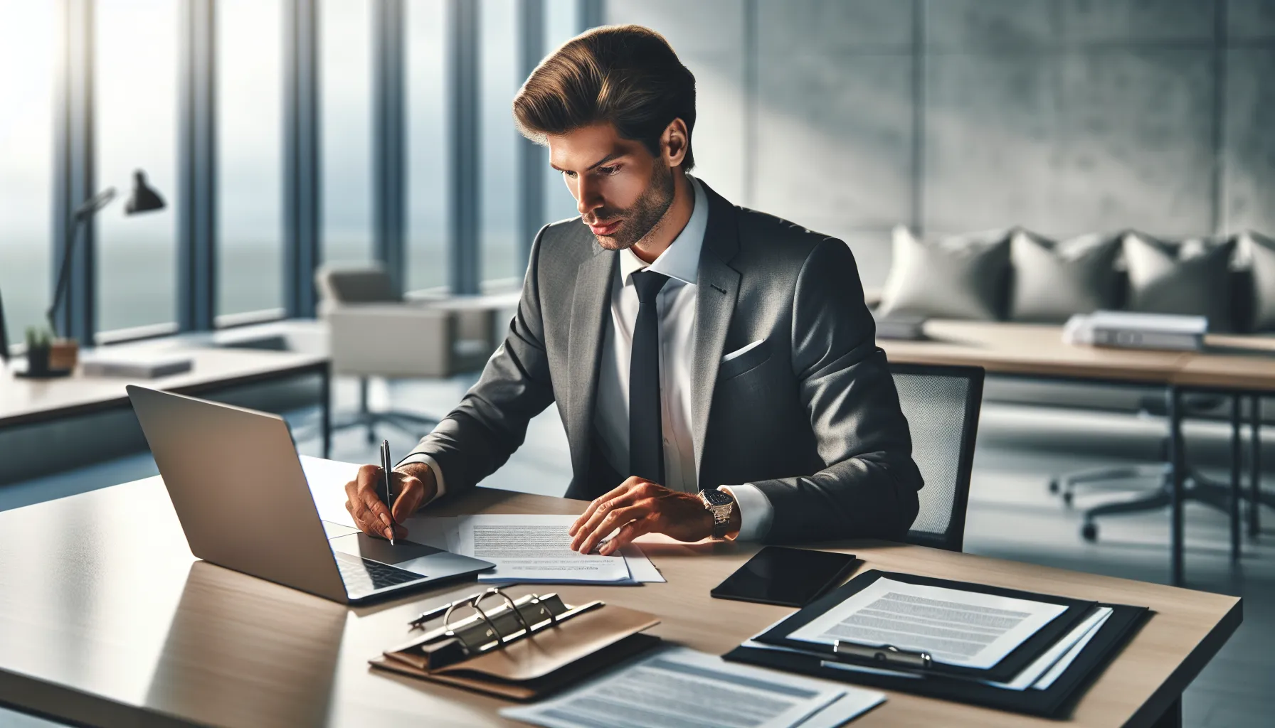 Professional person writing formal request documents at modern office desk