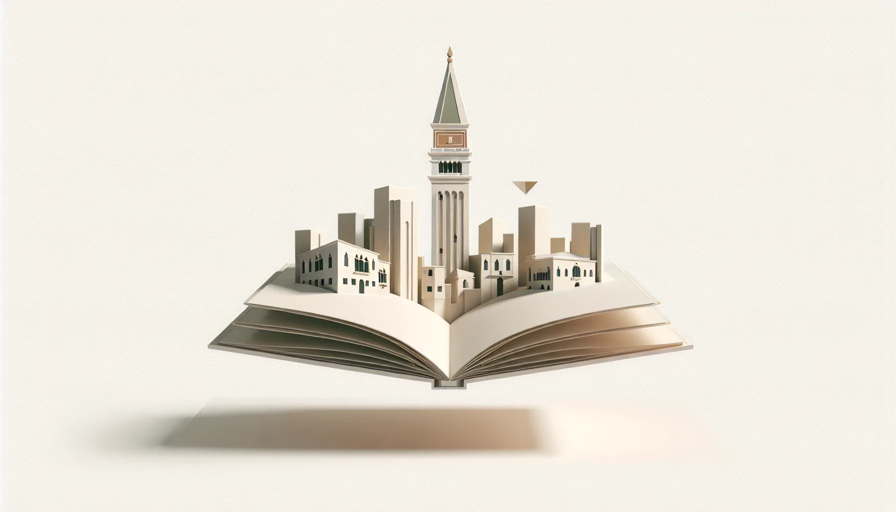 An open book floating above Venice's bell tower in minimalist style