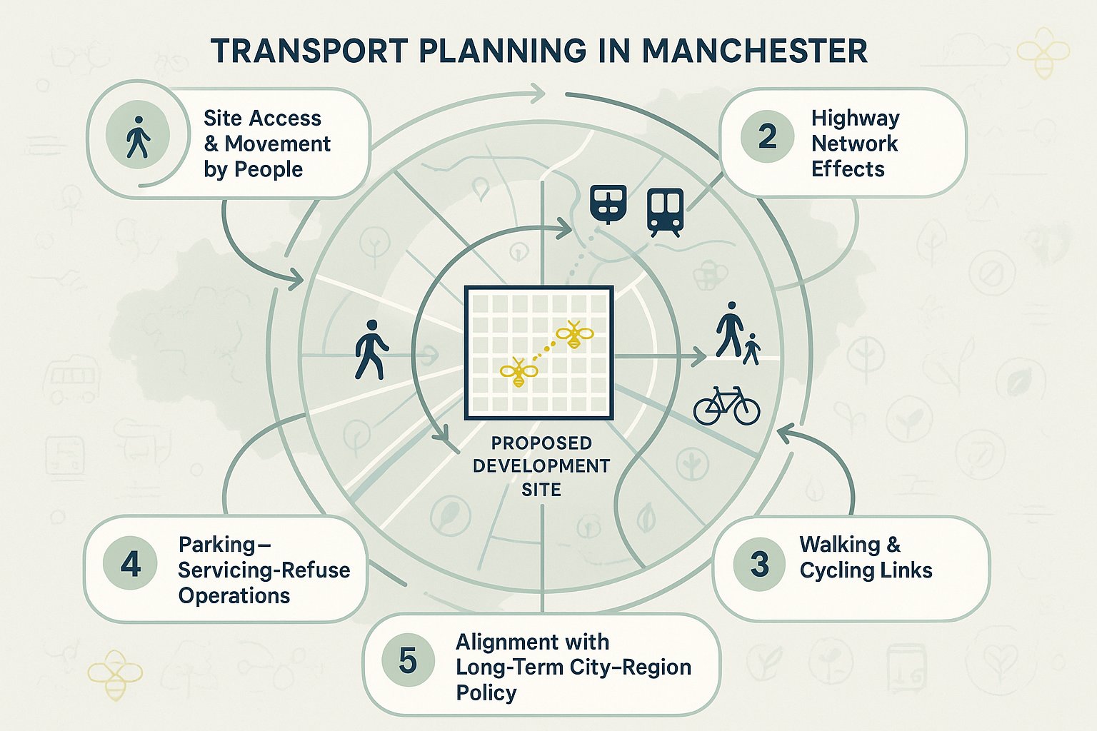 Manchester transport planning infographic showing site access, travel, highways, parking and policy.