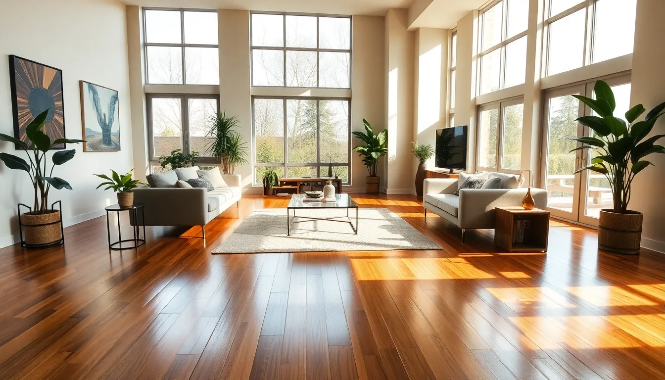 elegant living room with polished wood floors and natural light.
