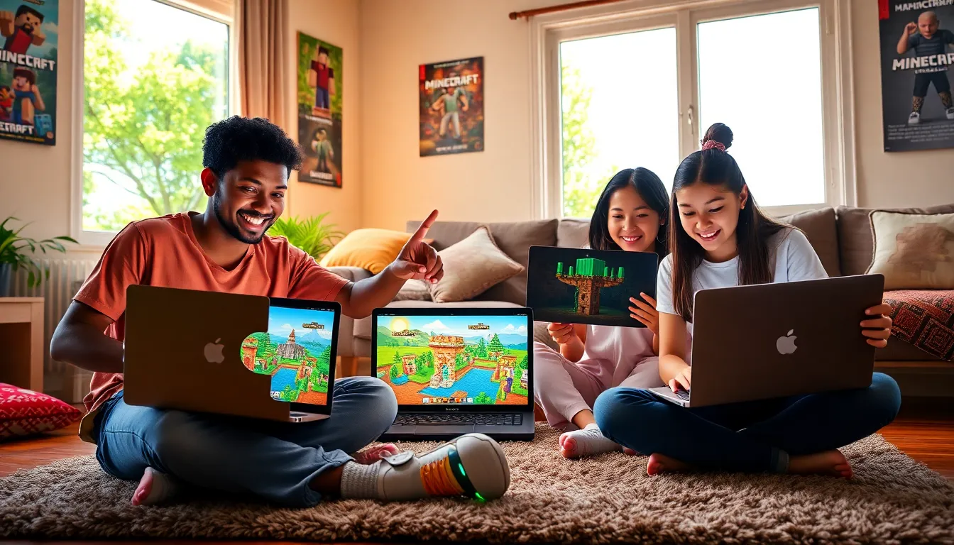 four teenagers playing Java Minecraft together in a cozy living room.