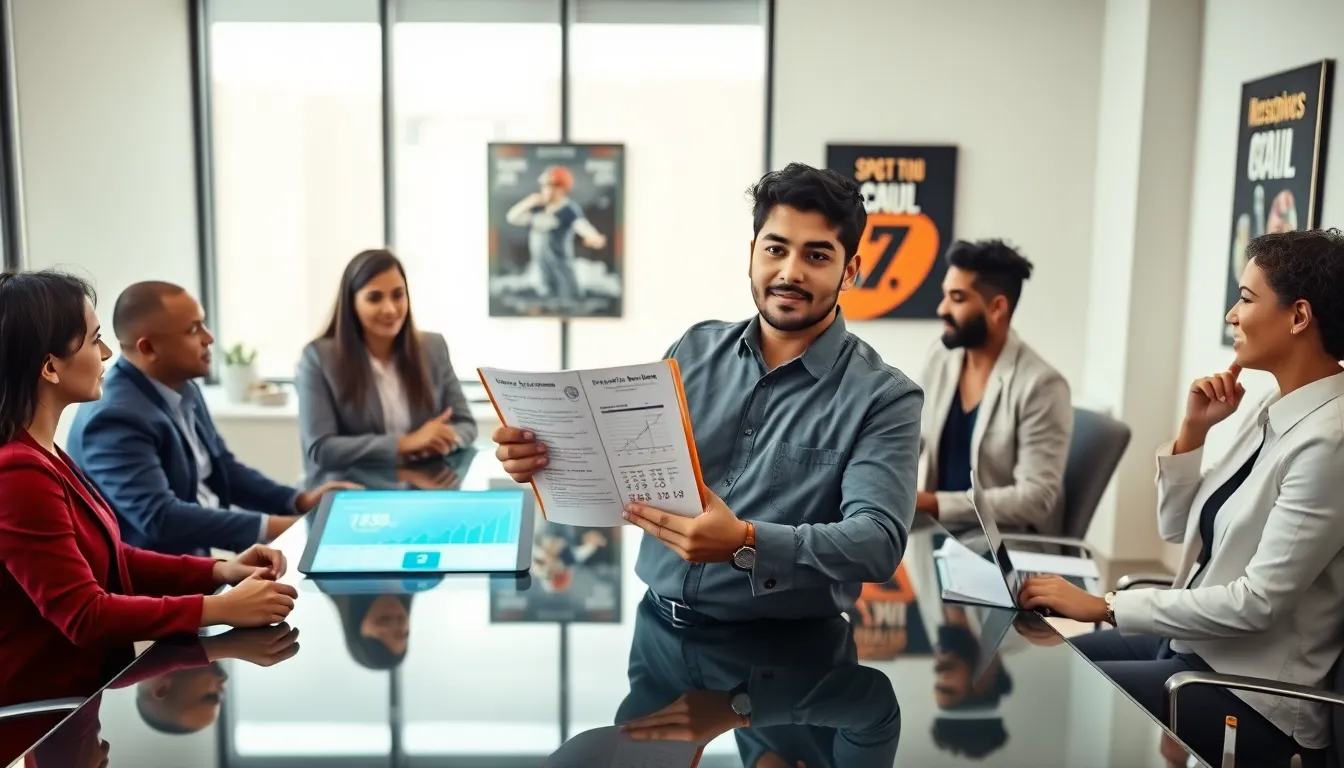 diverse team of journalists in a modern office discussing sports.
