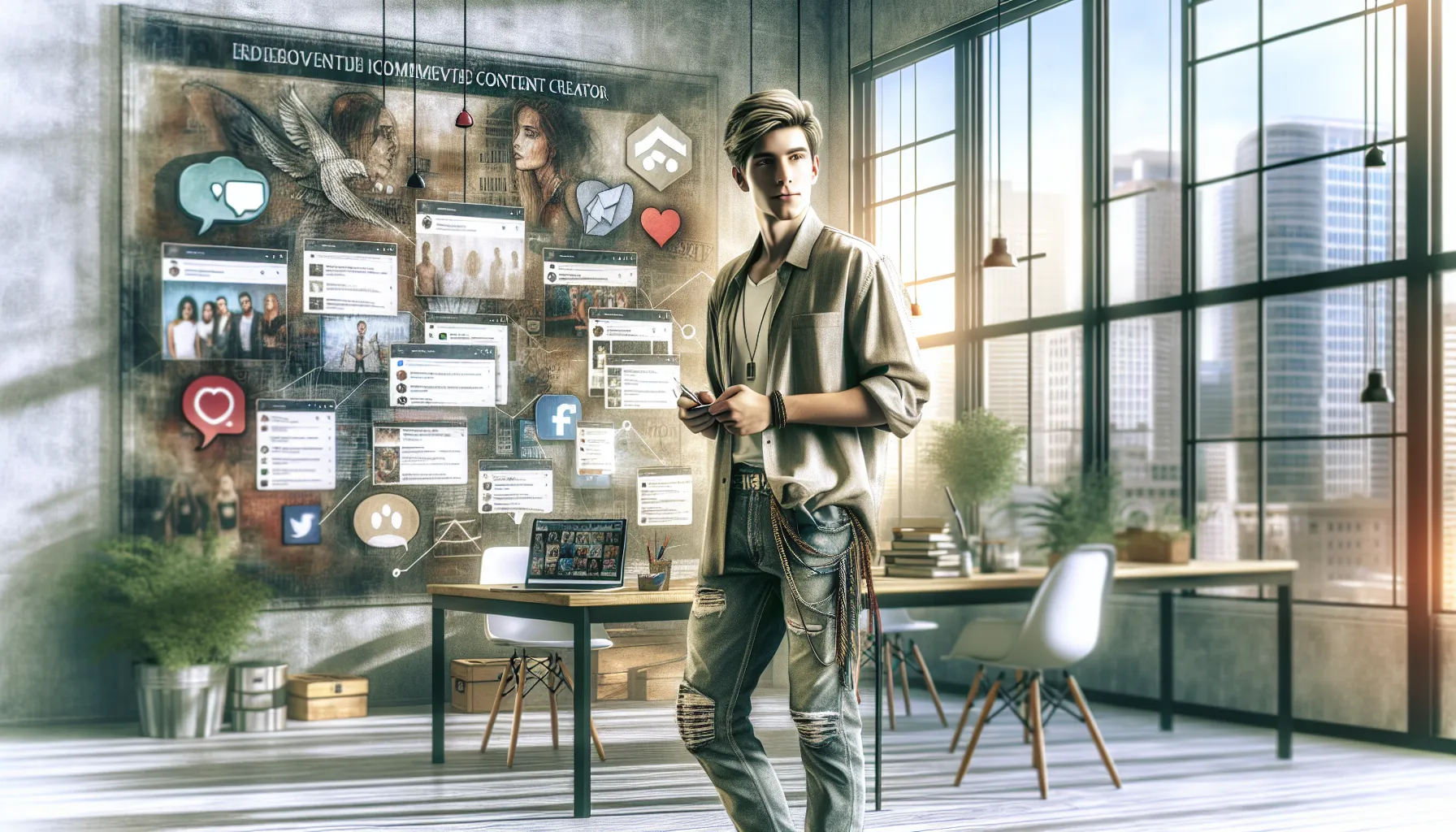 A young content creator in a modern office, engaging with digital devices.