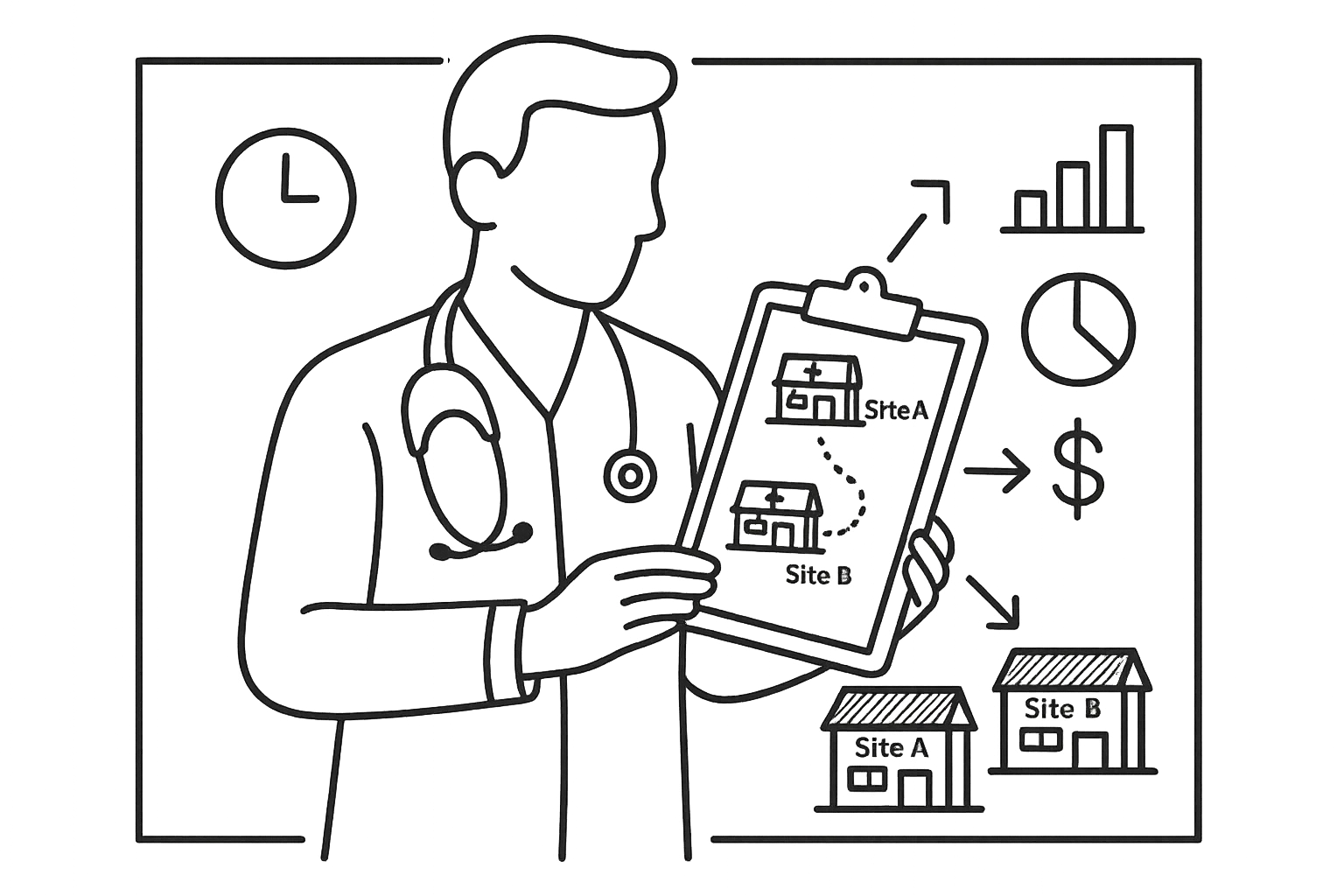 Veterinarian reviewing a clipboard map connecting two clinic sites with pay and production icons.