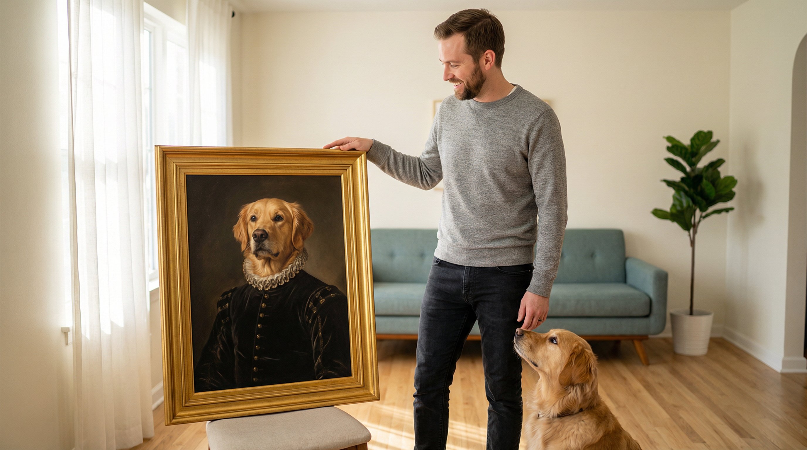 Dog dad proudly displaying a custom Renaissance portrait of his golden retriever.