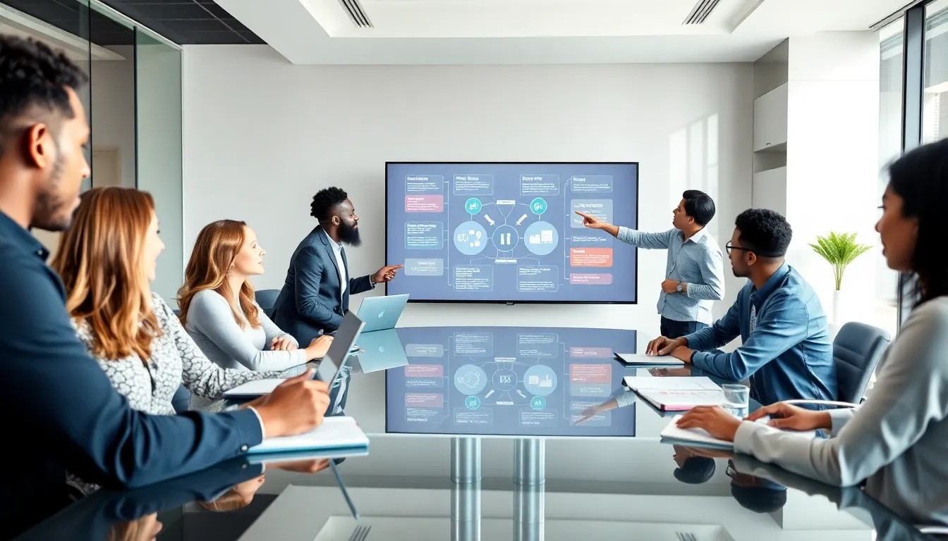 diverse team discussing strategies in a modern conference room.