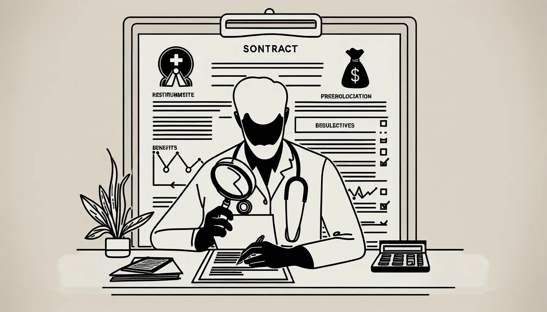 Physician reviewing a contract with magnifying glass, calculator, and RVU chart.