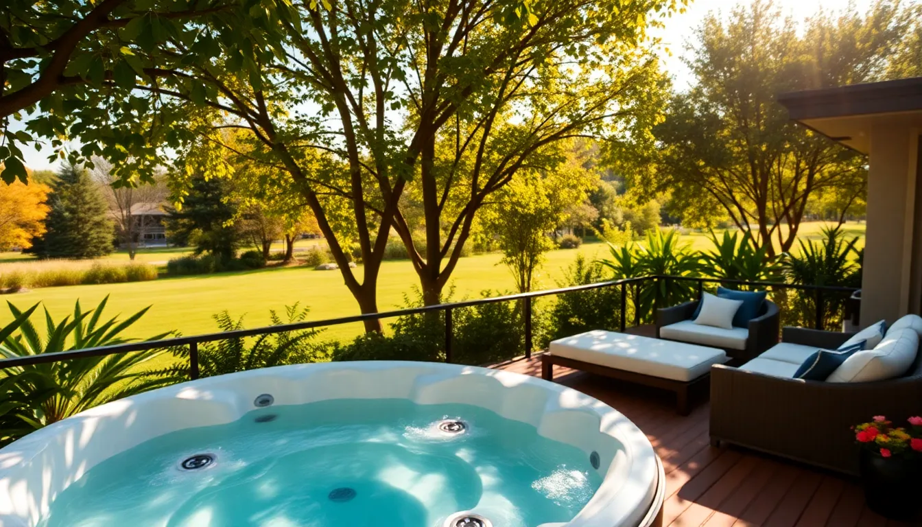 luxurious outdoor jacuzzi setting with clear water and surrounding greenery.