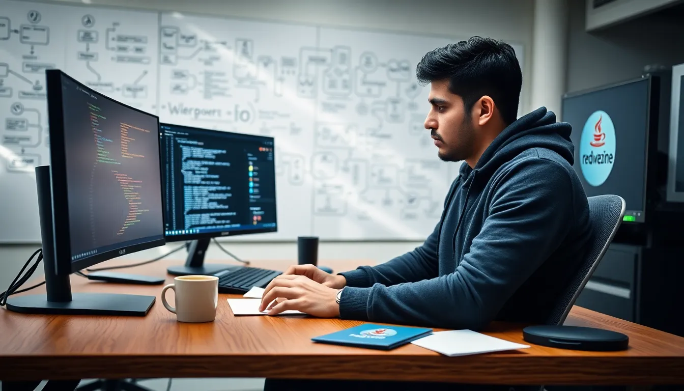 A developer coding in an office with Redwebzine Java on the screen.