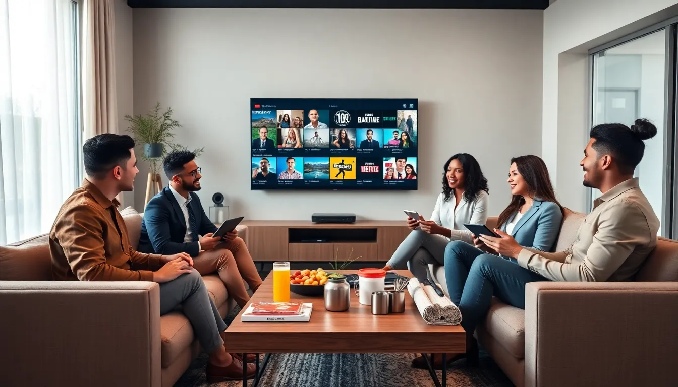 group discussing entertainment media in a modern living room.
