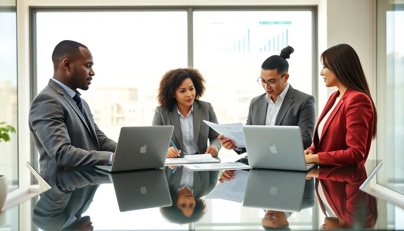 diverse team discussing FHA loans for investment properties in a modern office.
