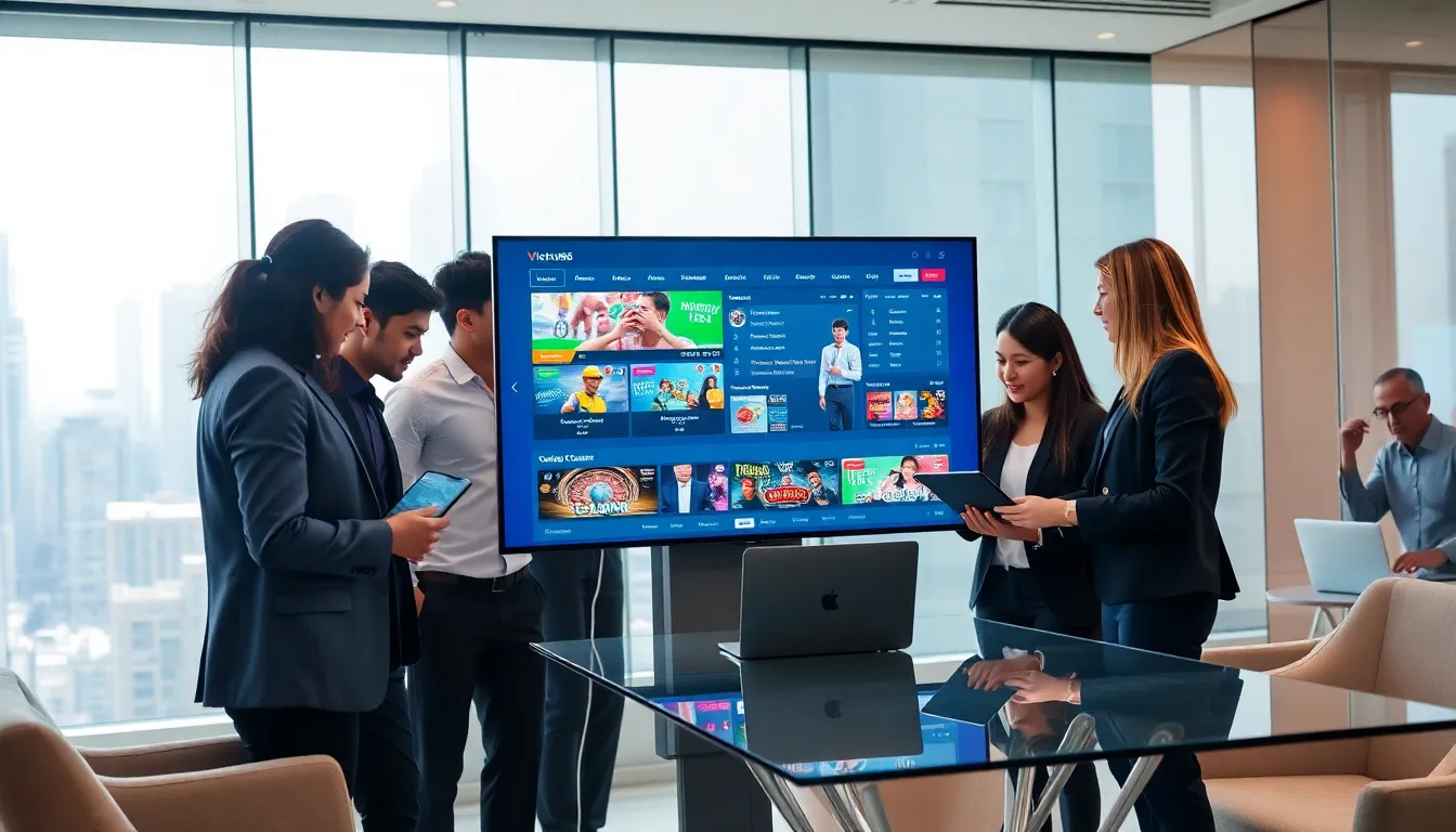 professionals discussing an online betting platform in a modern office.