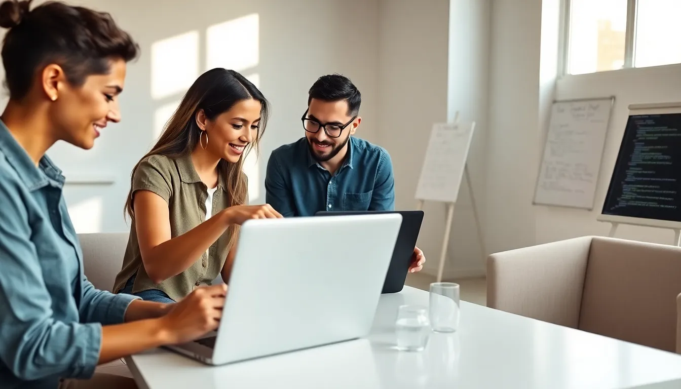 team collaborating on Java code in a modern office.